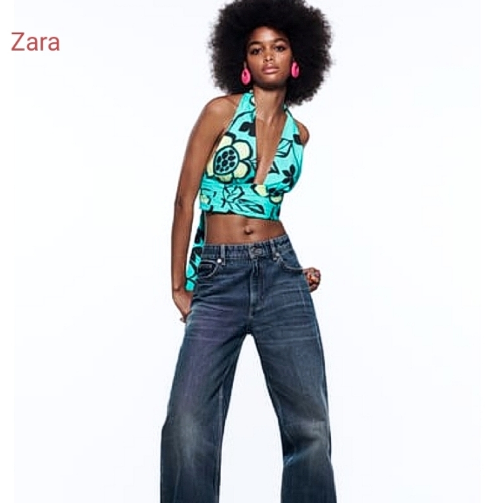 ZARA WOMENS PRINT HALTER CROPPED TOP SIZE MEDIUM NWOT